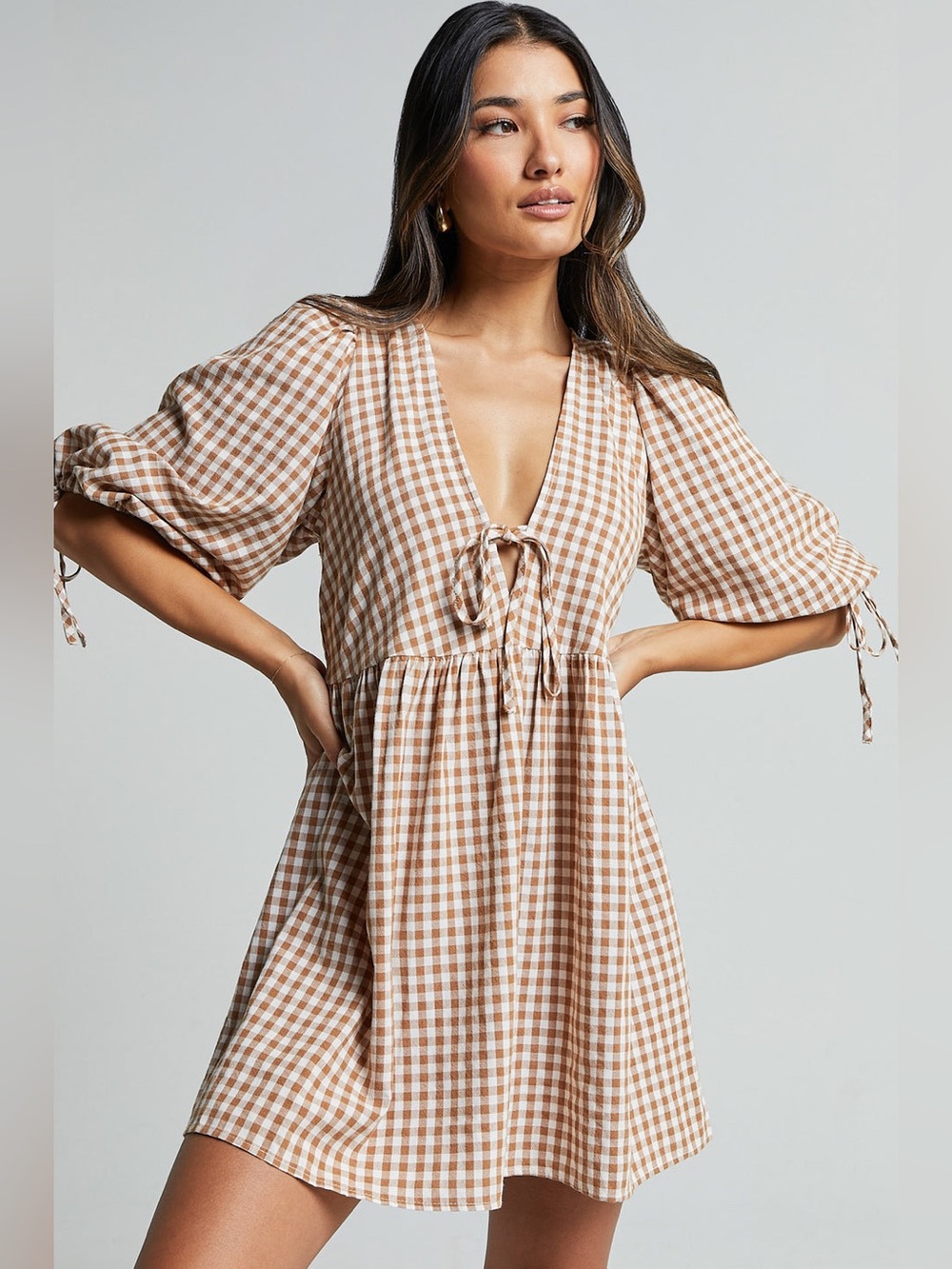 Showpo Rosita Mini Dress, Tie Front Puff Sleeve Dress in Caramel & White Gingham